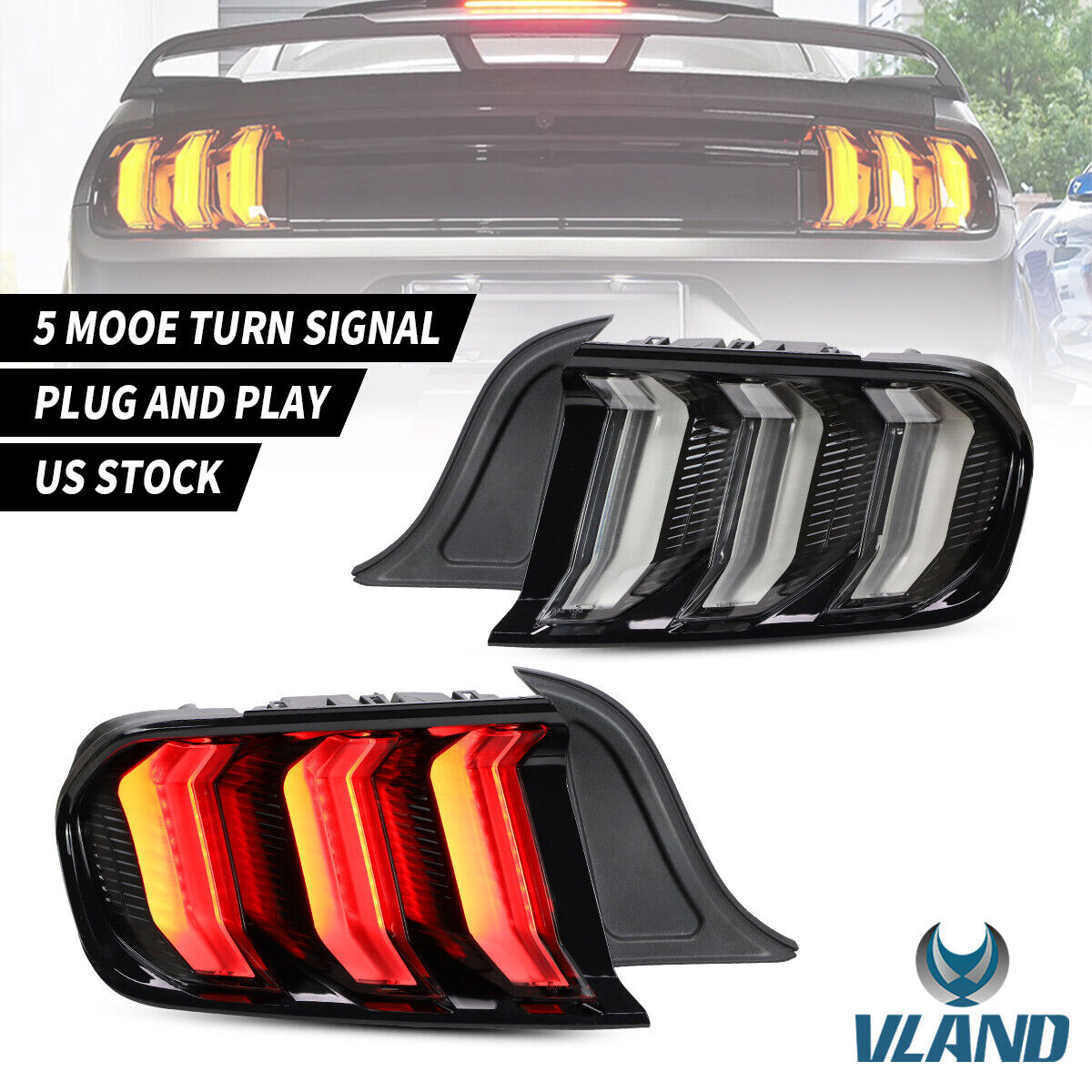 VLAND 2X Full LED Tail Lights for Ford Mustang 2015-2020 2018 2019 US/Euro Model
