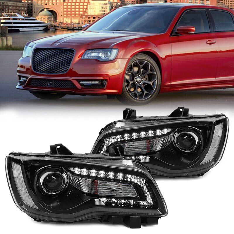 For 2015-2023 Chrysler 300 Halogen LED DRL Projector Headlights Headlamps Black