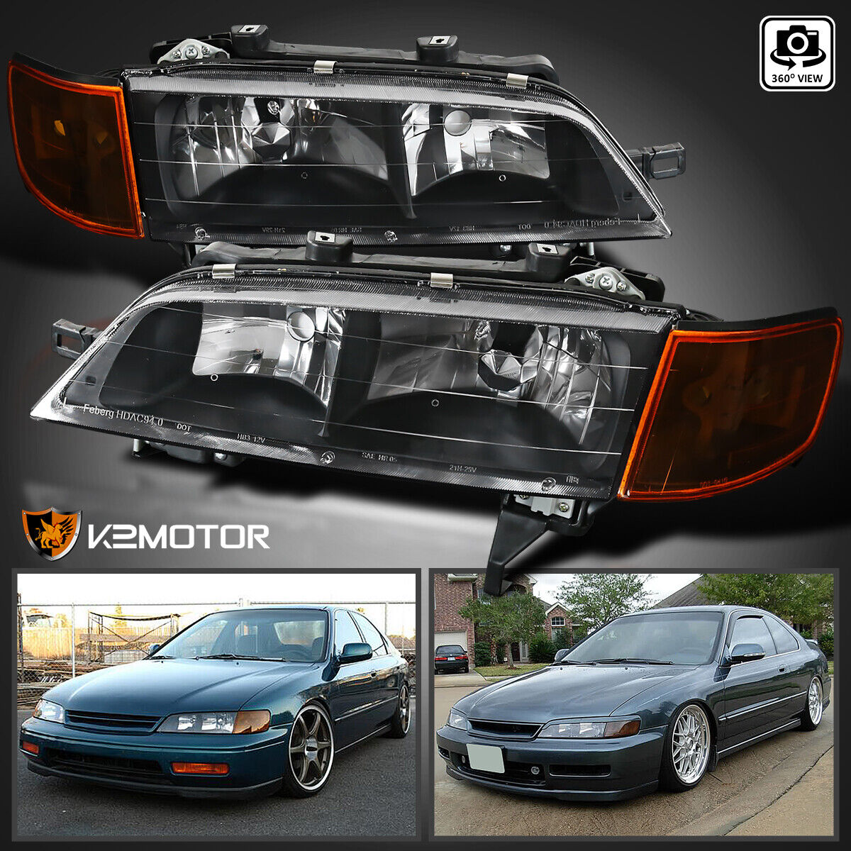 Fits 1994-1997 Honda Accord Black Headlights+Amber Corner Signal Lamp Pair 94-97