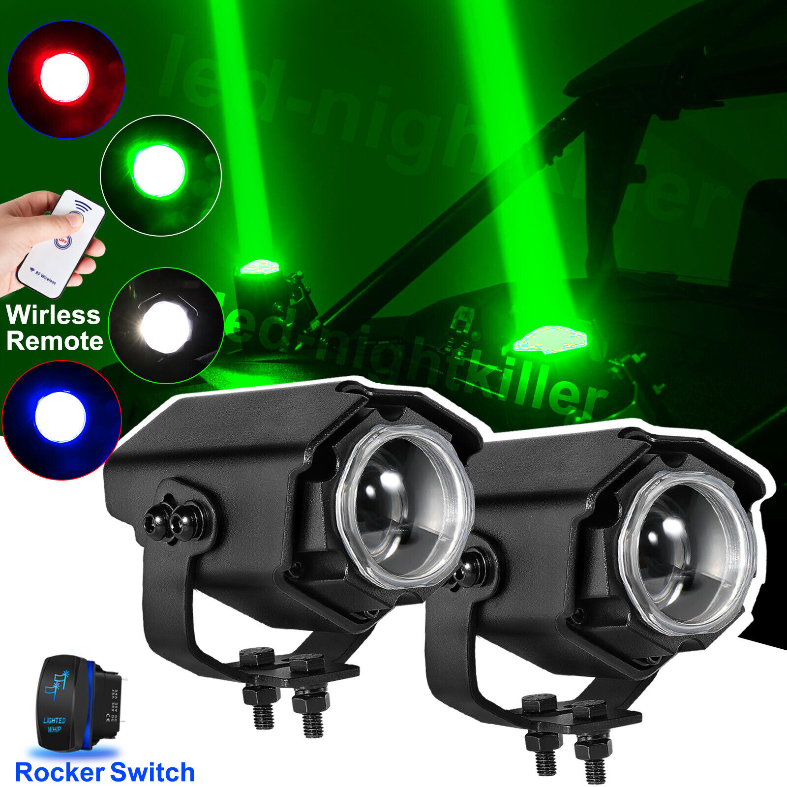 2x Laser RGBW LED Whip Lights Whipless Antenna Remote For POLARIS RZR XP1000 UTV
