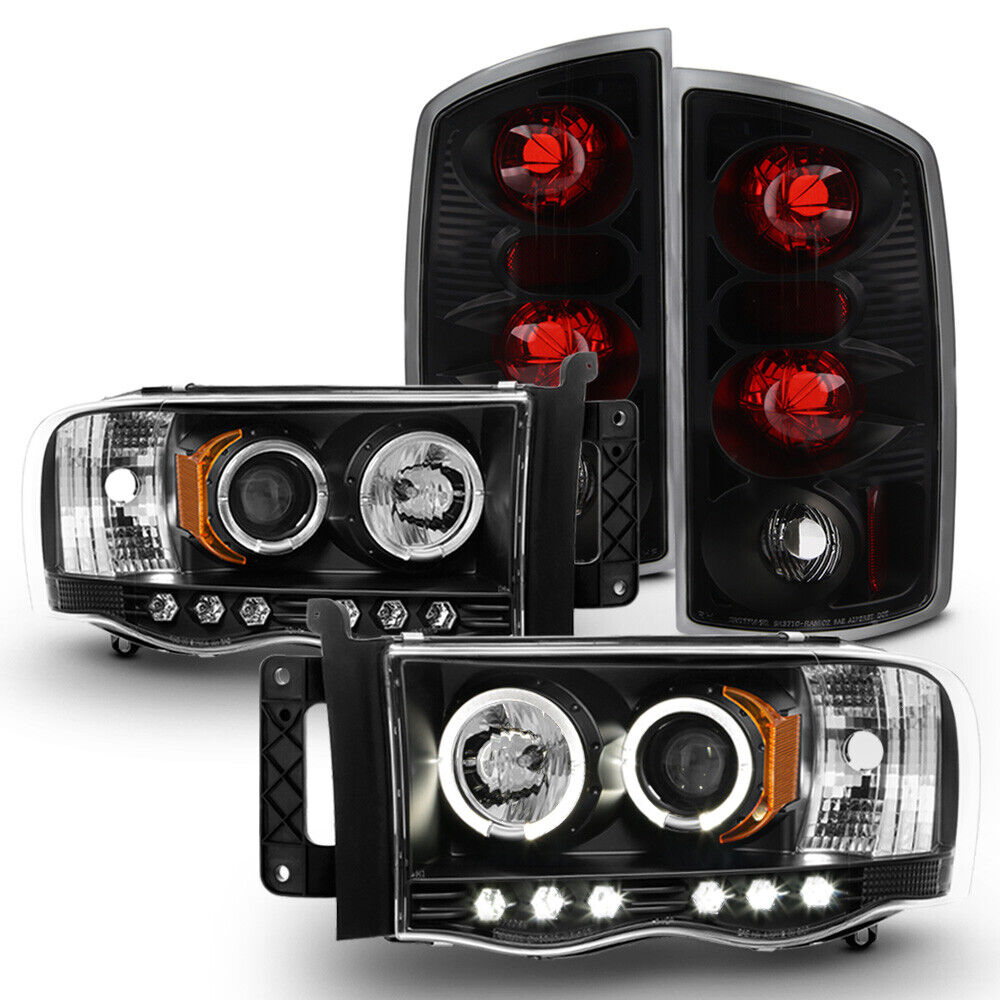 Black 2002-2005 Dodge Ram 1500 LED Halo Projector Headlights+Tail Lights Lamps