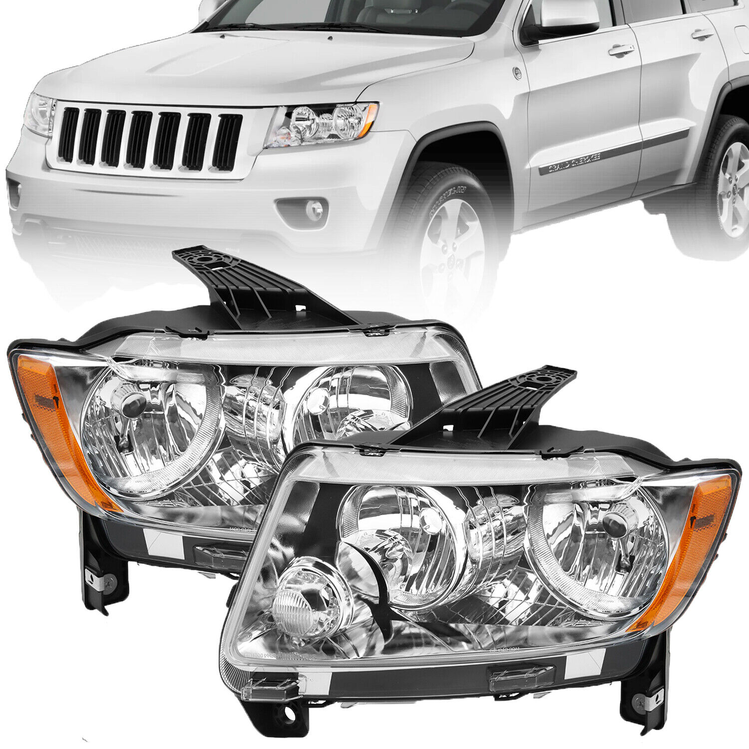Headlights Set For 2011-2013 Jeep Grand Cherokee 2011-17 Compass Halogen Chrome