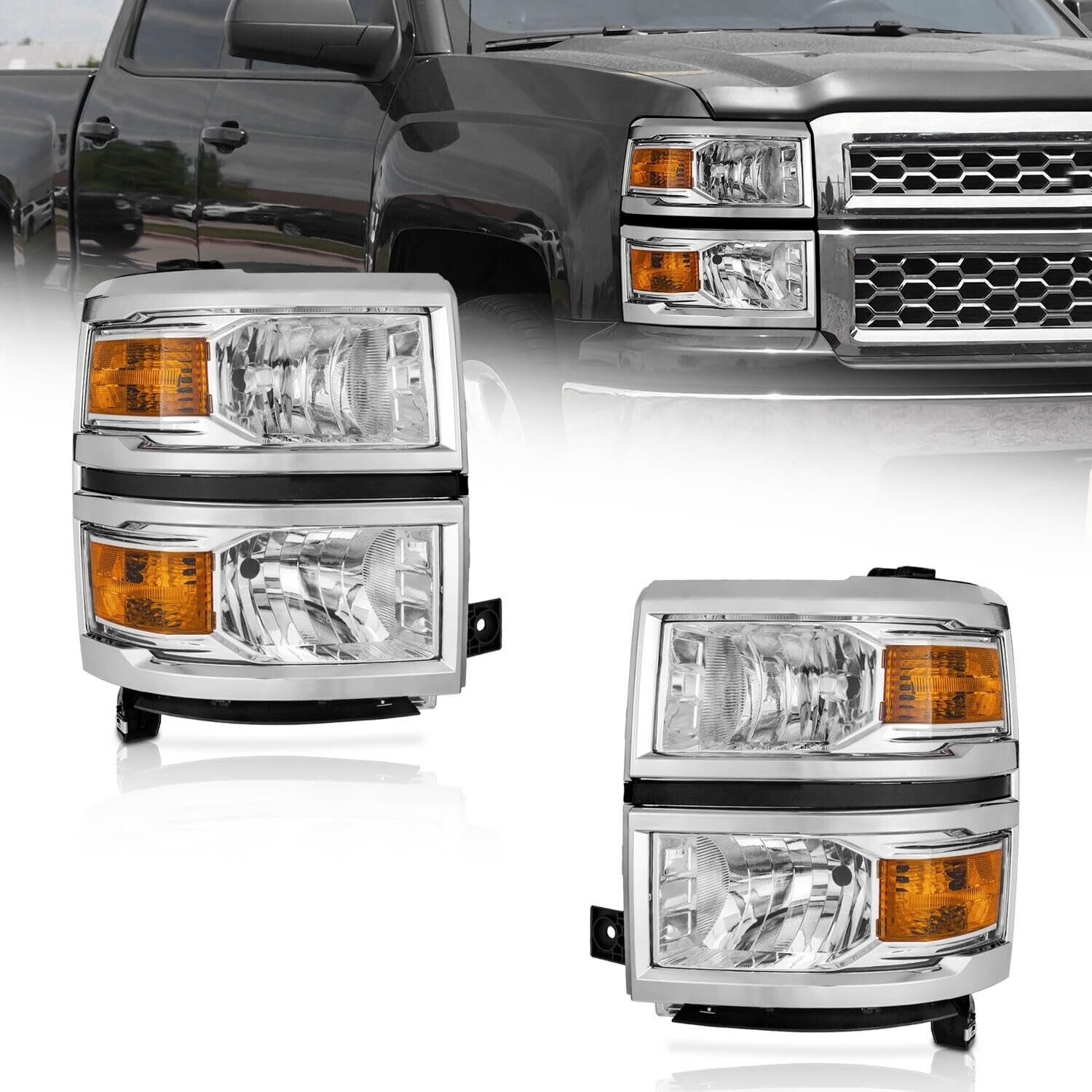 WEELMOTO Headlights For 2014-2015 Chevy Silverado 1500 Chrome Headlamps LH+RH