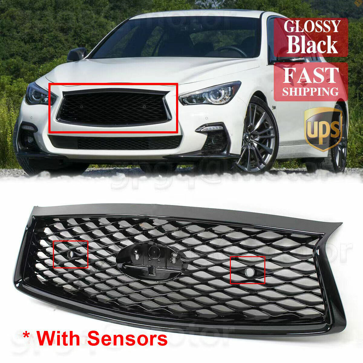 For Infiniti Q50 2018-20 Glossy Black Front Hood Bumper Upper Grill With Sensors