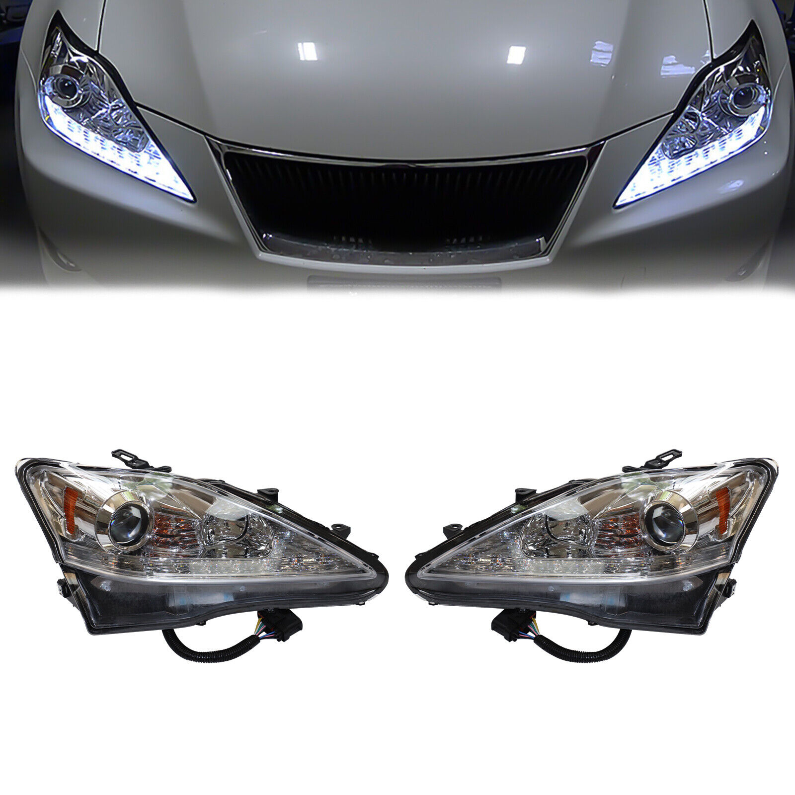 For 2006-2013 Lexus IS250 IS350 LED DRL Projector Headlights Chrome Left+Right