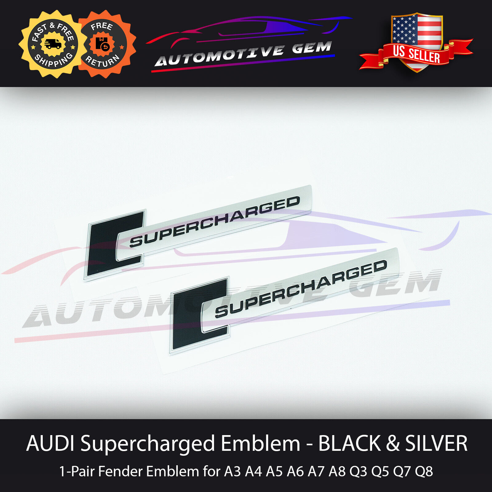 Audi Supercharged Emblem Side Fender Badge Logo Black Silver Sticker Pair OEM