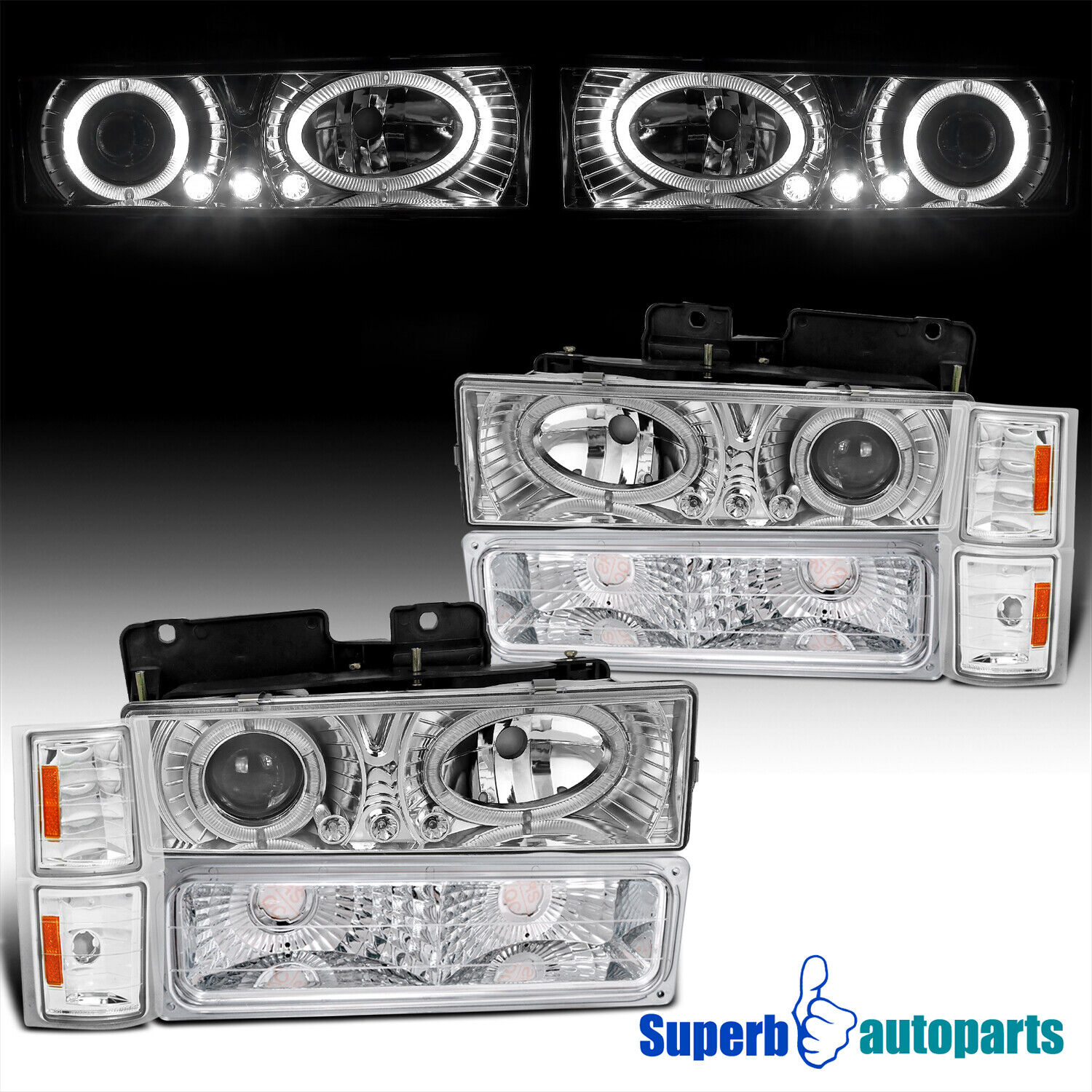 Fits 1994-1998 Chevy C10 Halo Projector Headlights Bumper LED Bar Lamps Pair