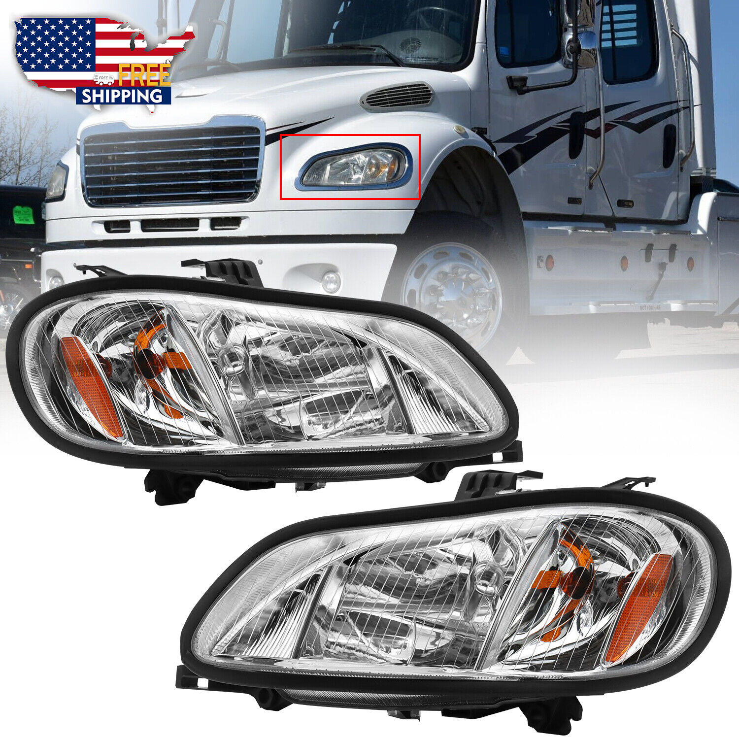 Headlights Headlamps Left & Right Pair Set For 02-18 Freightliner M-2 M2
