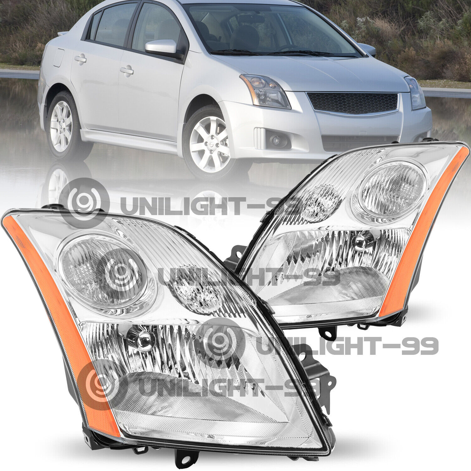 For 2007-2009 Nissan Sentra 4DR Chrome Halogen Headlights Headlamps Left+Right