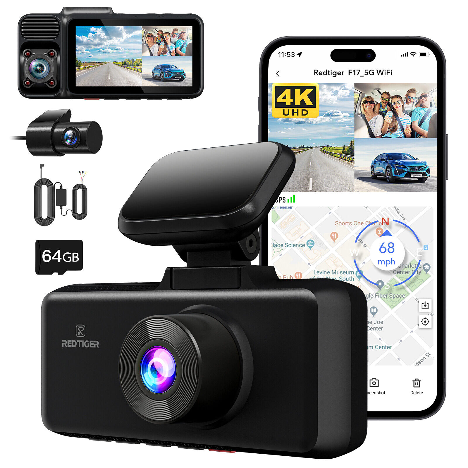 REDTIGER F17 3 Channel 4K Dash Cam,5G WiFi Front and Rear Inside,Hardwire kit