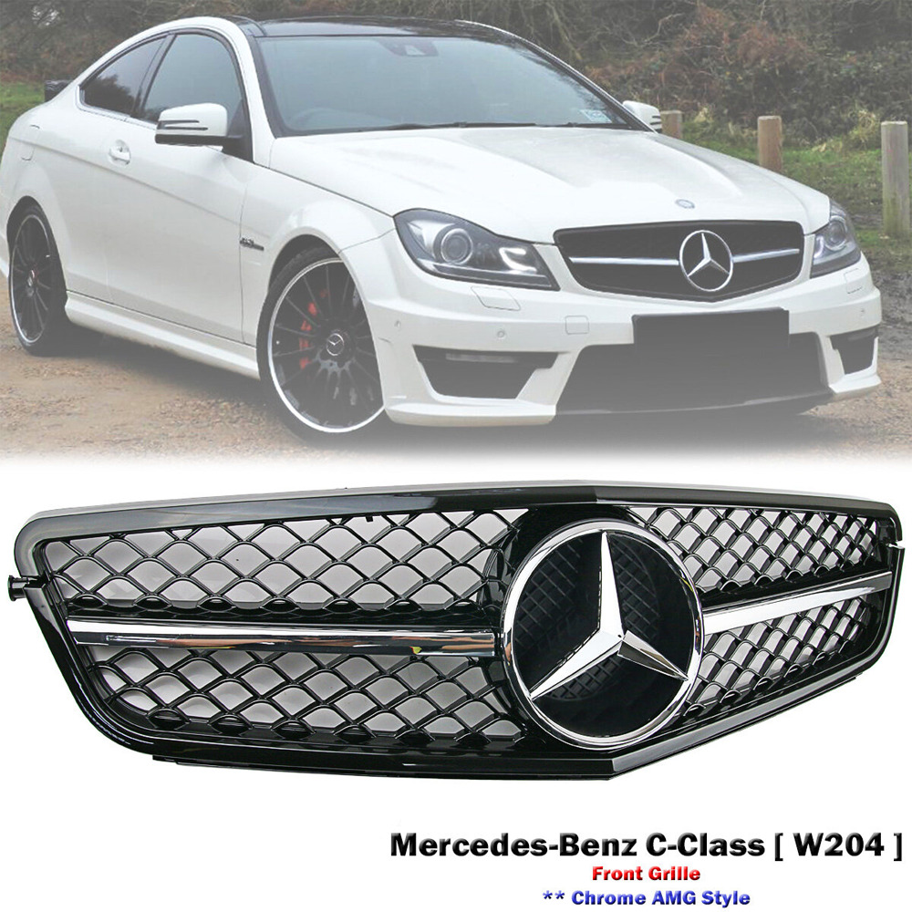  Black Chrome  Style Grille W/Emblem For Mercedes Benz W204 C300 C350 2008-14