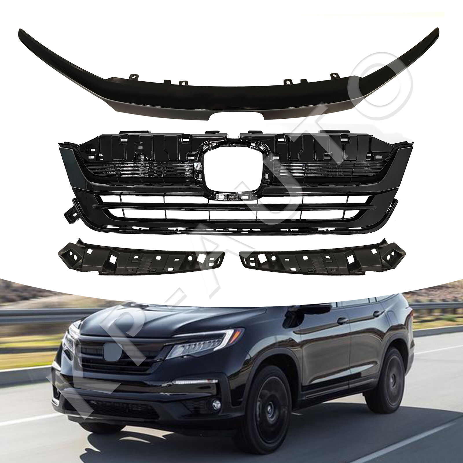 Fit 2019-20 2021 Honda Pilot Front Upper Grille Full Glossy Black Grill Assembly