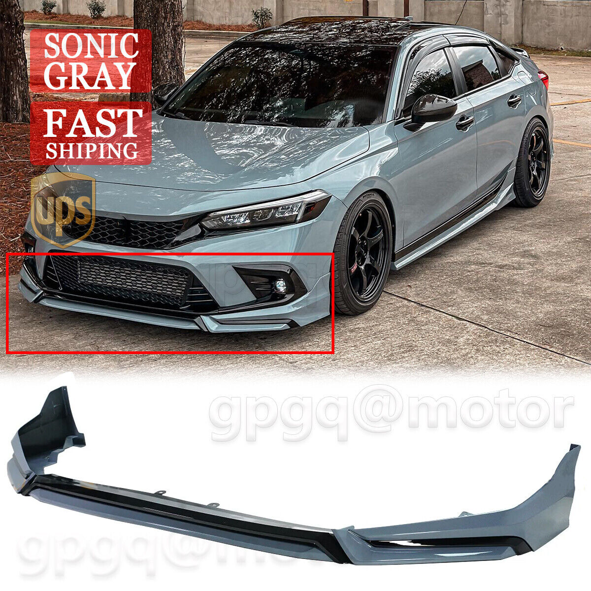 For Honda Civic Sedan Hatch 2022-24 Yofer V3 Style Sonic Gray Front Bumper Lip