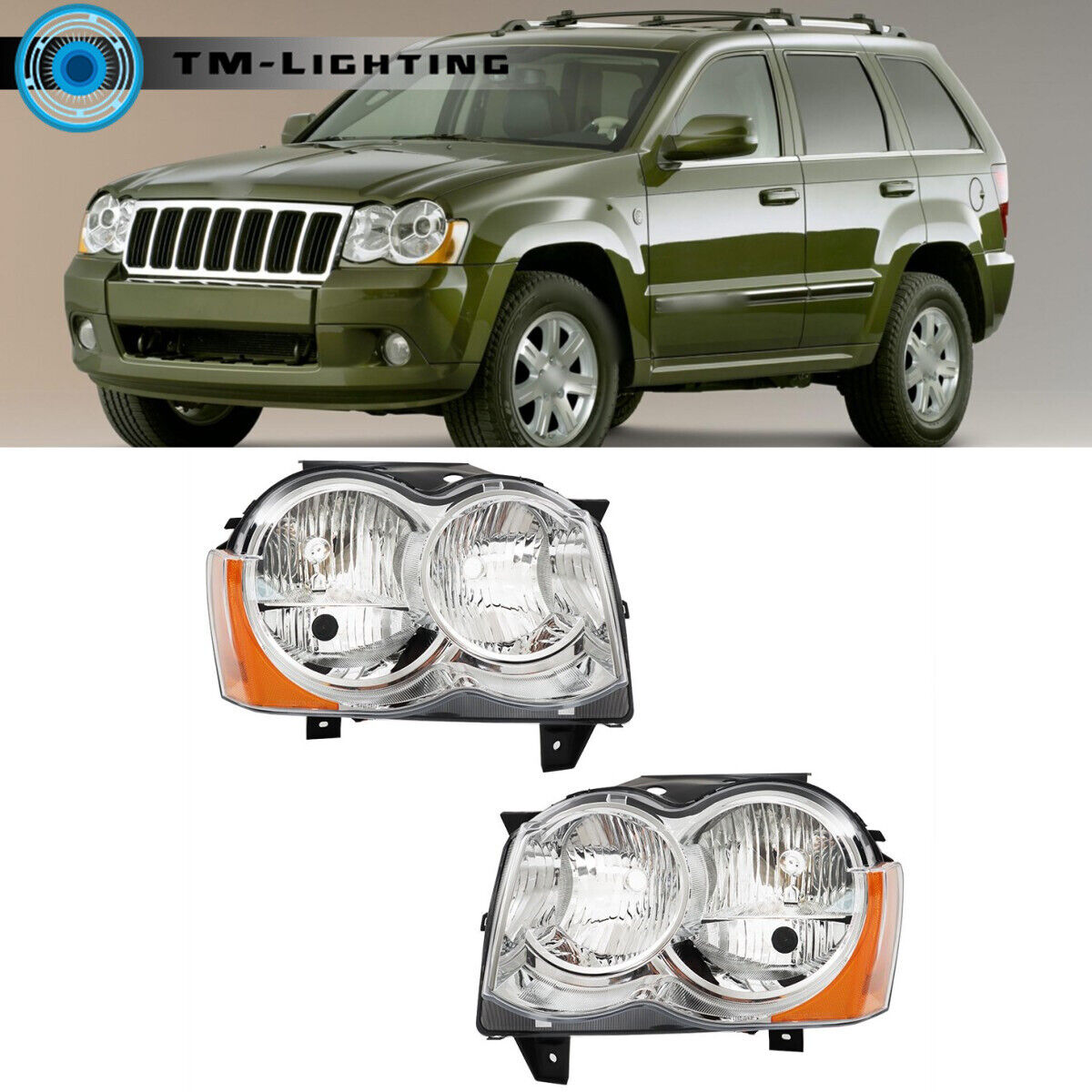 Left&Right Side Headlights Headlamps Halogen For 2008-2010 Jeep Grand Cherokee