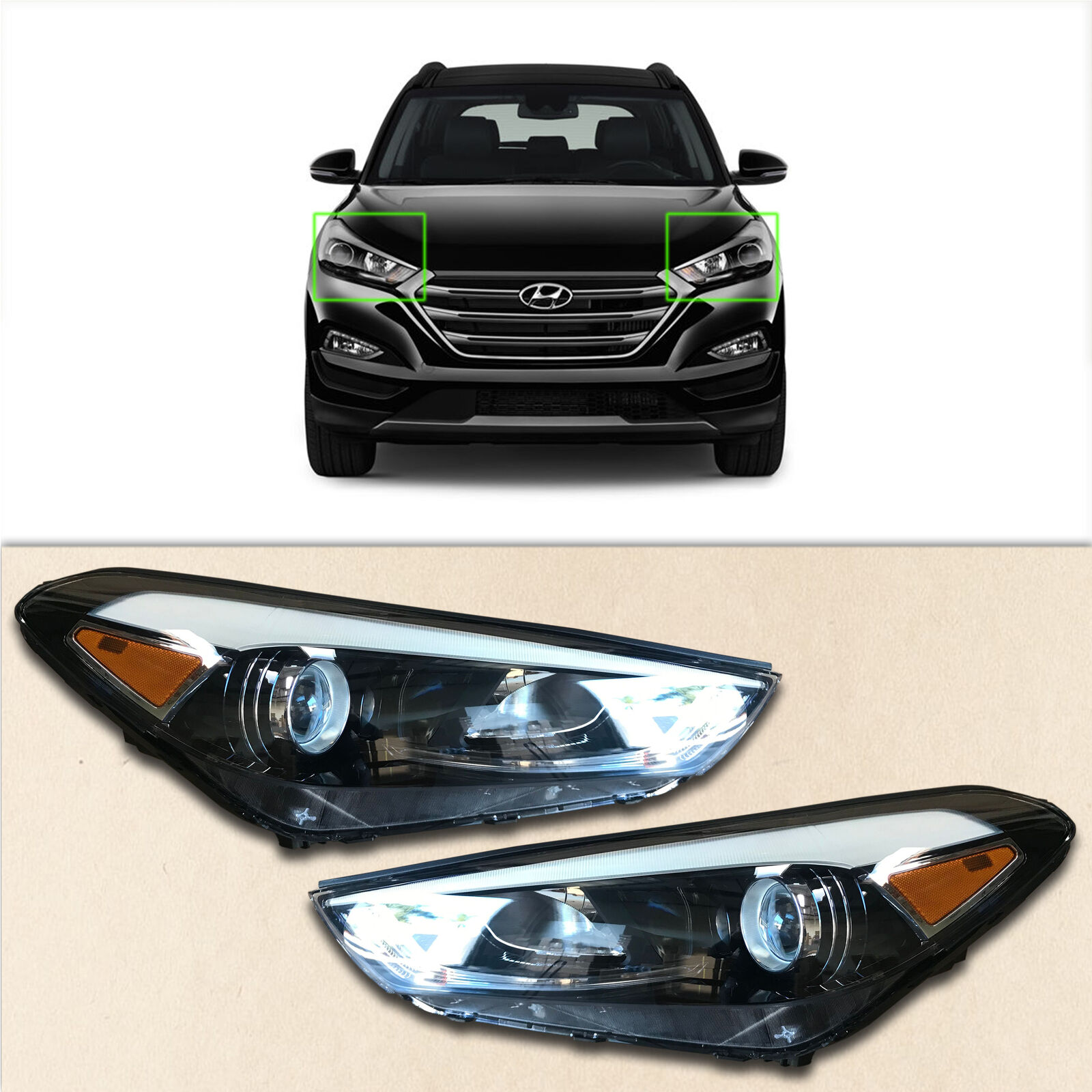 LED DRL Headlight Assembly for 2016 2018 Hyundai Tucson Driver Passenger Set 2Pc