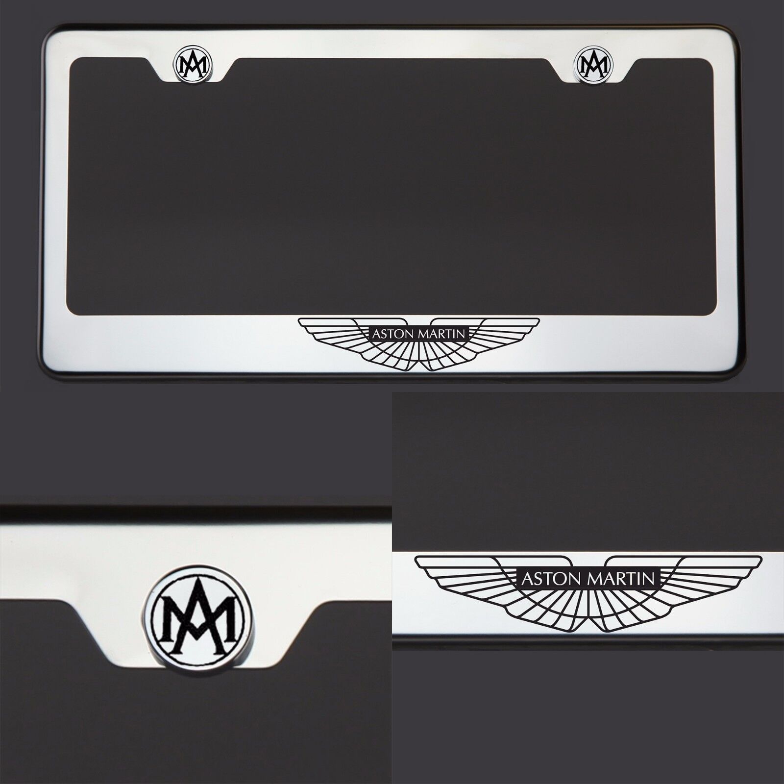 Chrome Aston Martin Logo Black Letter Laser Etched Engraved License Plate Frame